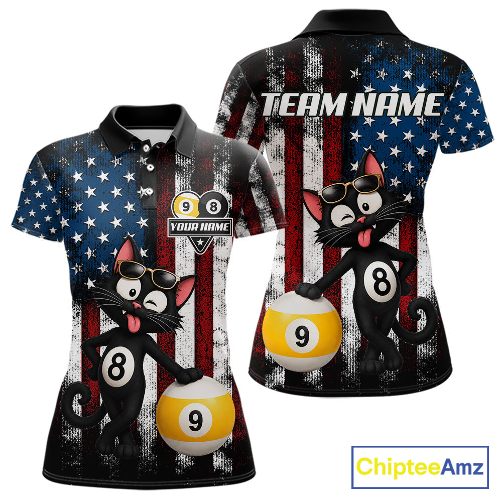Women’s funny cat 8 ball pool polo shirt with American flag billiard graphics and playful style.