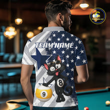 Load image into Gallery viewer, Back view of man wearing a funny cat pool team shirt in a billiards hall.