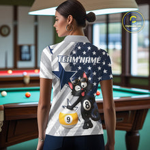 Load image into Gallery viewer, Back view of woman wearing a funny cat pool team shirt in a billiards hall.