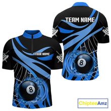 Load image into Gallery viewer, Men’s blue flame 8 ball billiard quarter zip shirt for tournaments and team matches.