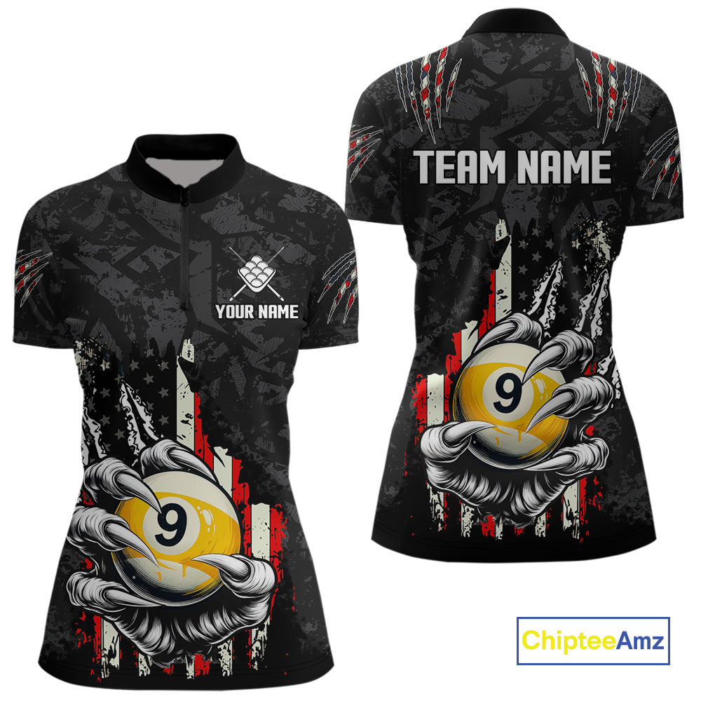 Funny Claw Tearing US Flag 9 Ball Pool Custom Billiard Shirts For Women, Patriotic Billiard Jerseys TDM4473