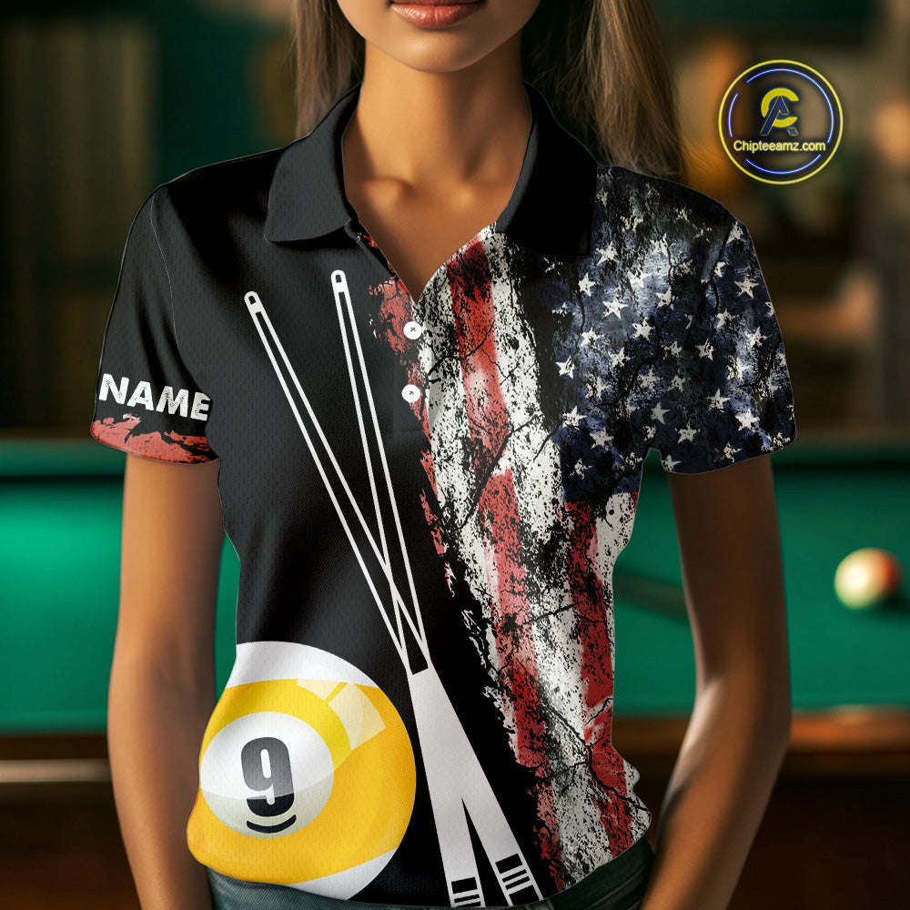 Retro Grunge American Flag 9 Ball Pool Billiard Shirt For Women Custom Patriotic Billiard Team Jersey TDM4474
