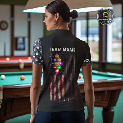 Retro Grunge American Flag 9 Ball Pool Billiard Shirt For Women Custom Patriotic Billiard Team Jersey TDM4474