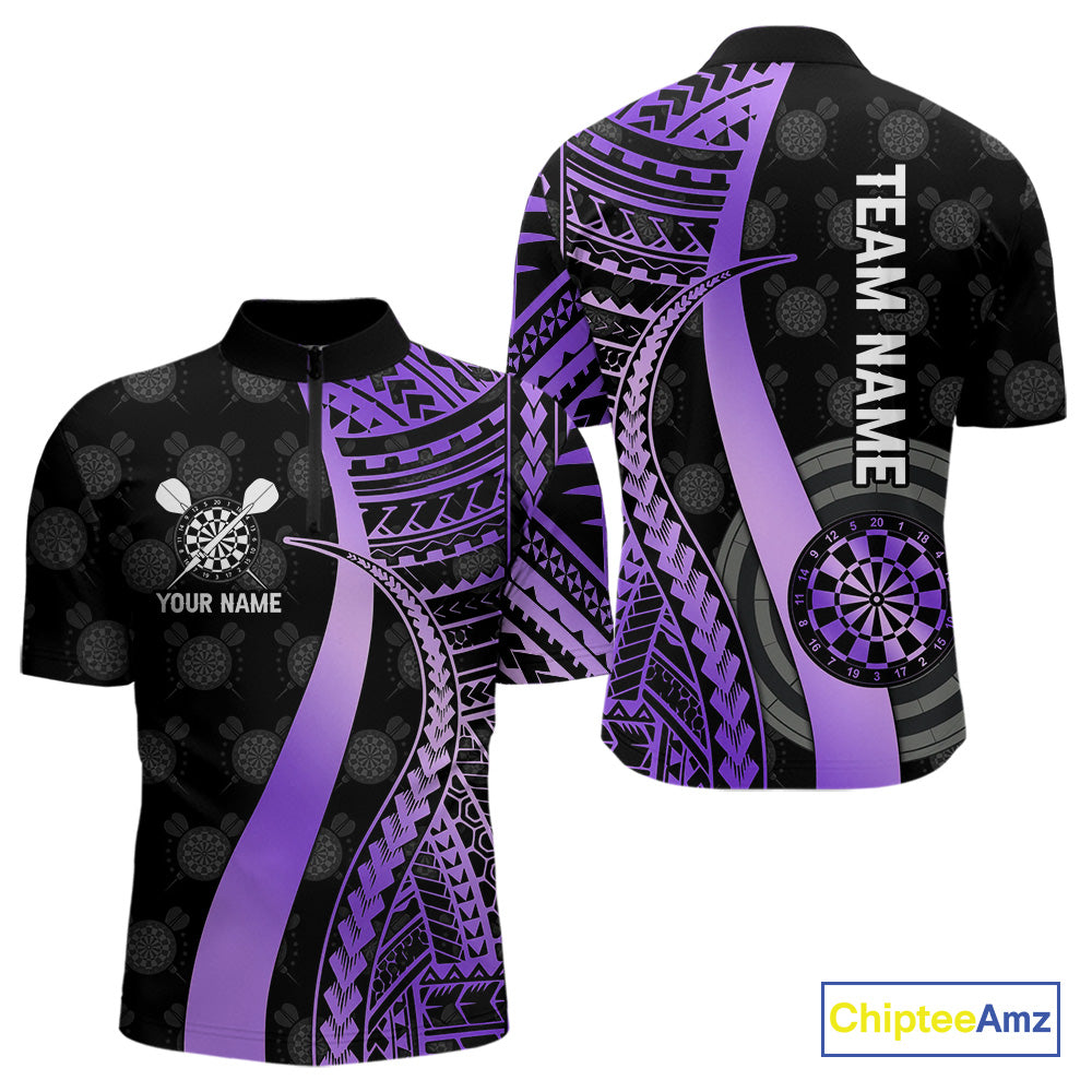 Personalized Black And Purple Tribal Dart Shirts For Men Custom Darts Jersey Team Polo & 1/4 Zip TDM4914