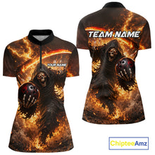 Load image into Gallery viewer, Orange Grim Reaper Fire Smoke Bowling Jersey For Women Custom Bowling Team Shirt Polo &amp; 1/4 Zip TDM6233