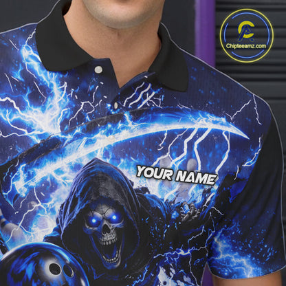 Blue Grim Reaper Fire Smoke Bowling Jersey For Men Custom Bowling Team Shirt Polo & 1/4 Zip TDM6234
