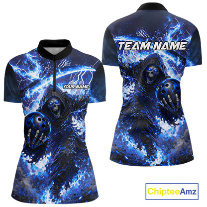 Blue Grim Reaper Fire Smoke Bowling Jersey For Women Custom Bowling Team Shirt Polo & 1/4 Zip TDM6234