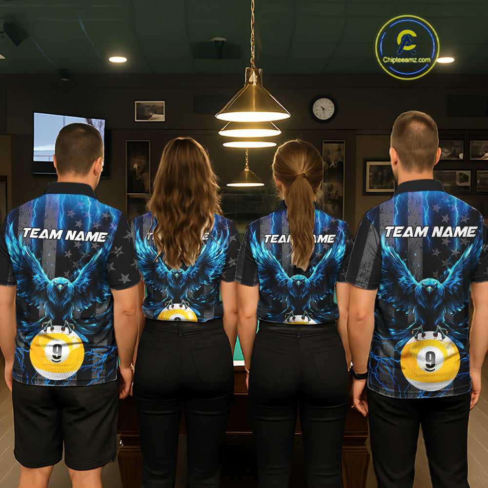Back view of pool players wearing matching blue lightning eagle billiard shirts in a game room.