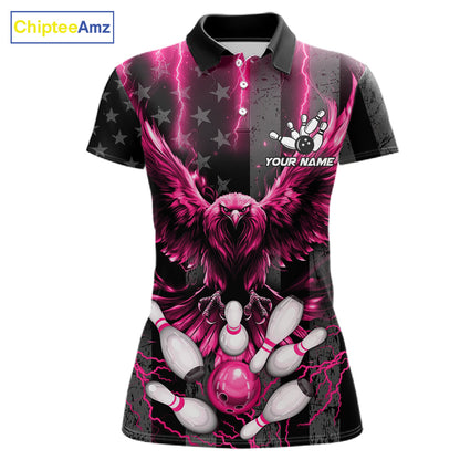 Pink lightning eagle bowling polo shirt for women with patriotic American flag bowling team graphics.