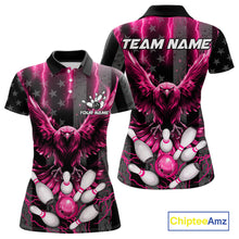 Load image into Gallery viewer, Pink lightning eagle bowling polo shirt for women with patriotic American flag bowling team graphics.