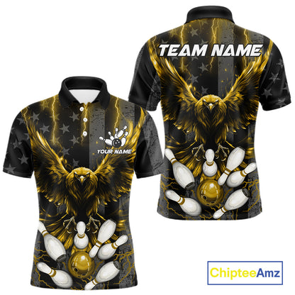 Yellow lightning eagle bowling polo shirt for men with patriotic American flag team graphics.