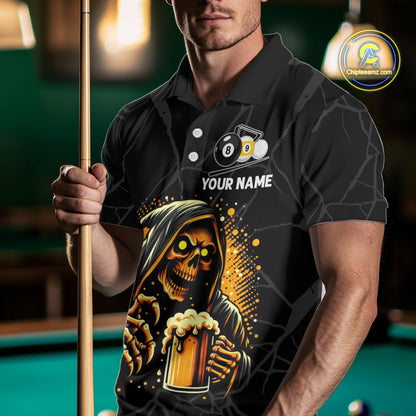 Man wearing Grim Reaper 8 ball and 9 ball pool and beer That's Why I'm Here billiard polo shirt front view.