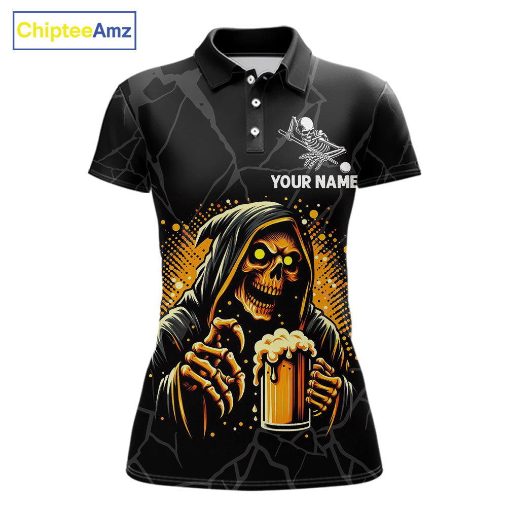 Grim Reaper 8 ball pool and beer That's Why I'm Here custom billiard team jersey polo shirt for women, funny pool league apparel and tournament jersey.