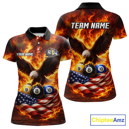 Personalized Flame Eagle 8 Ball, 9 Ball & 10 Ball US Flag Billiard Shirt For Women, Pool Team Jersey TDM5853