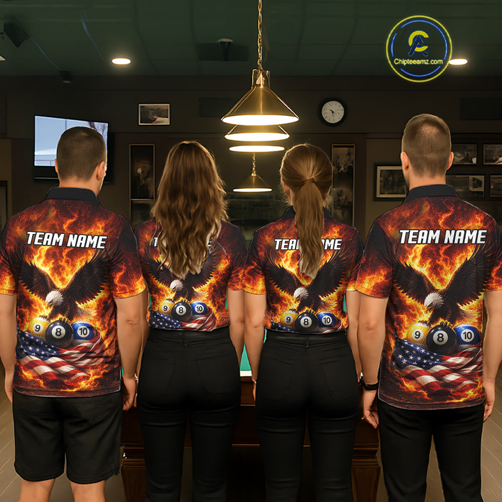 Personalized Flame Eagle 8 Ball, 9 Ball & 10 Ball US Flag Billiard Shirt For Men, Pool Team Jersey TDM5853