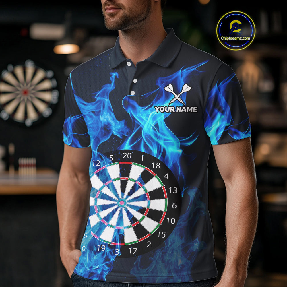 Blue Flaming Dartboard Darts Polo & Quarter Zip Custom Dart Shirts For Men Team Dart Jerseys TDM3821