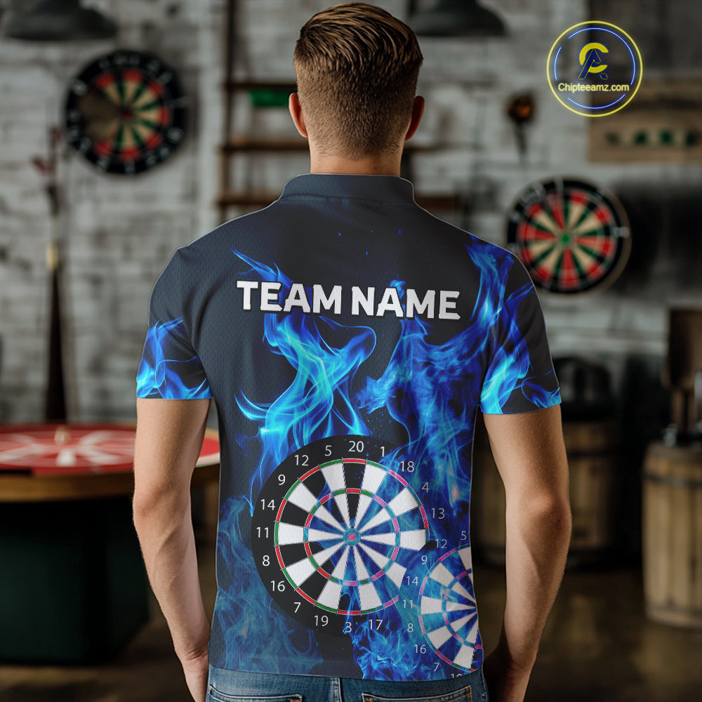 Blue Flaming Dartboard Darts Polo & Quarter Zip Custom Dart Shirts For Men Team Dart Jerseys TDM3821