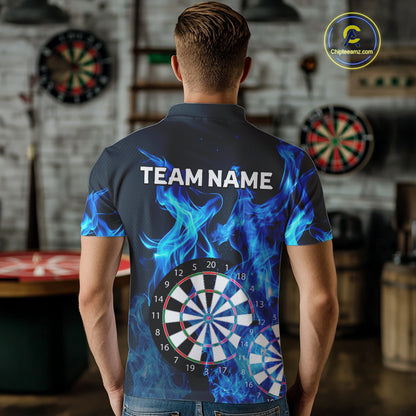Blue Flaming Dartboard Darts Polo & Quarter Zip Custom Dart Shirts For Men Team Dart Jerseys TDM3821