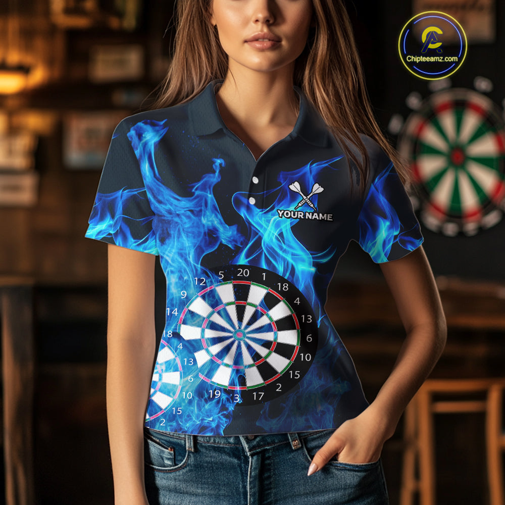 Blue Flaming Dartboard Darts Polo & Quarter Zip Custom Dart Shirts For Women Team Dart Jerseys TDM3821