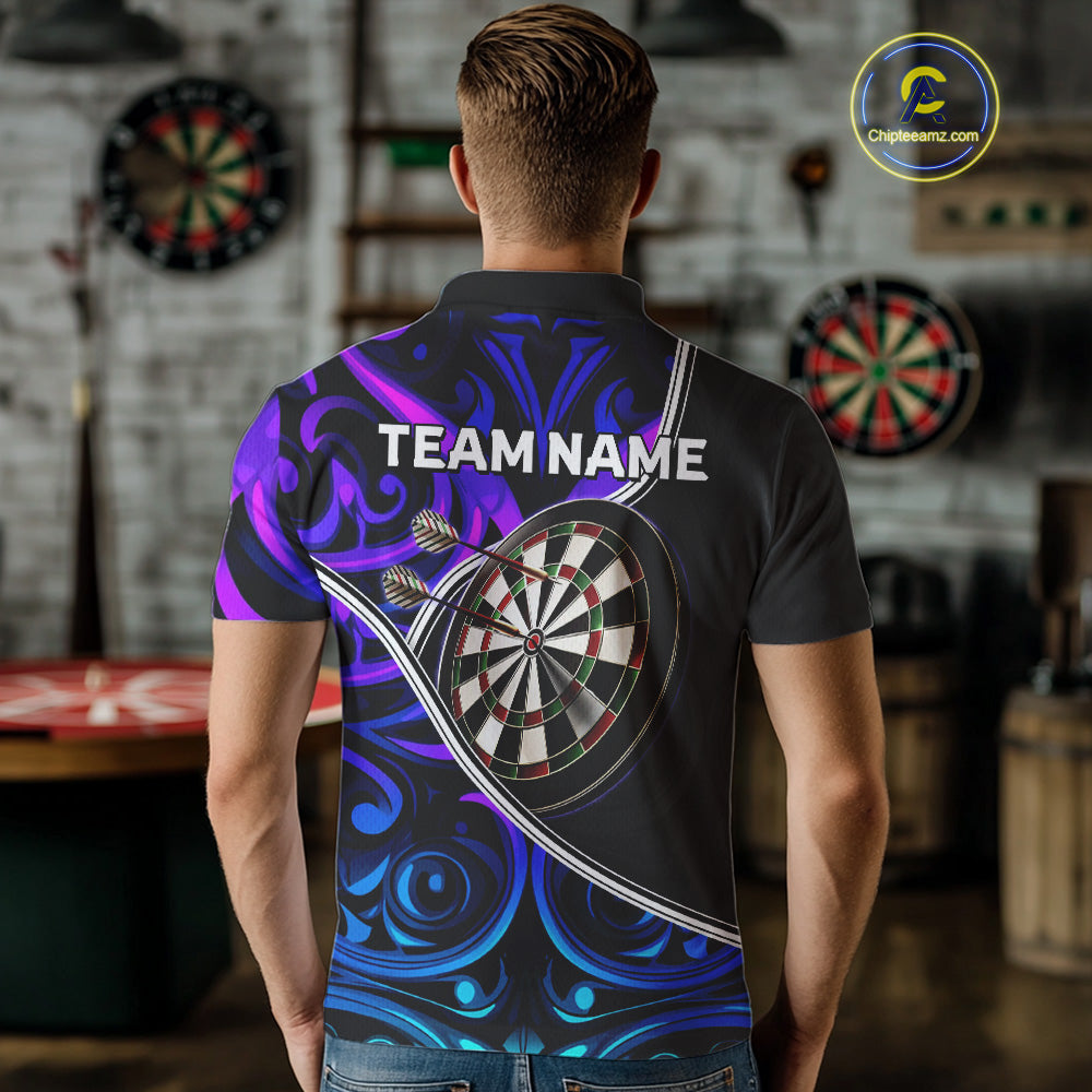 Neon Purple Blue Tribal Pattern Dart Shirts For Men Custom Dart Jerseys Team Polo & Quarter Zip TDM3823