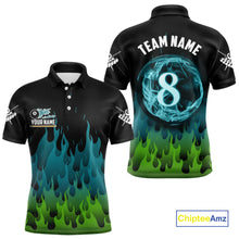 Load image into Gallery viewer, Green And Blue Flaming 8 Ball Pool Men Billiard Polo &amp; 1/4 Zip Custom Pool Team Player Jersey TDM3828