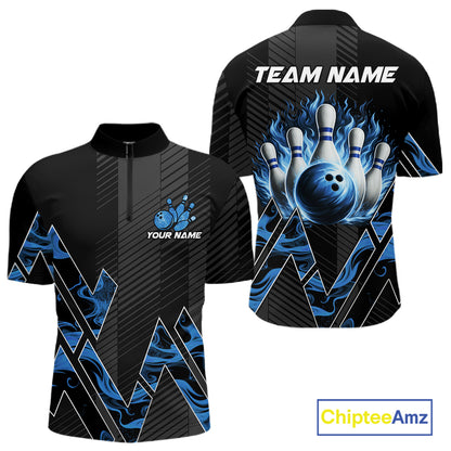 Personalized Fire Flame Bowling Jersey For Men Custom Bowling Team Shirt Polo & 1/4 Zip |Blue TDM6239