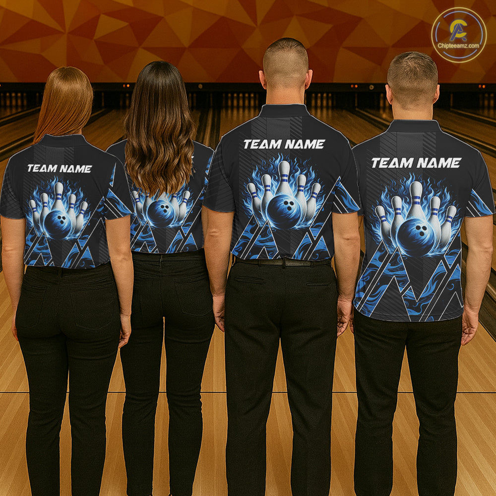 Personalized Fire Flame Bowling Jersey For Women Custom Bowling Team Shirt Polo & 1/4 Zip |Blue TDM6239