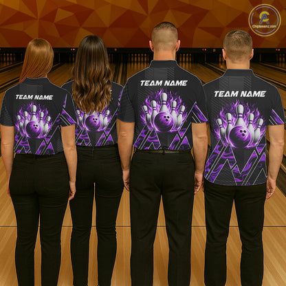 Personalized Fire Flame Bowling Jersey For Women Custom Bowling Team Shirt Polo & 1/4 Zip |Purple TDM6240