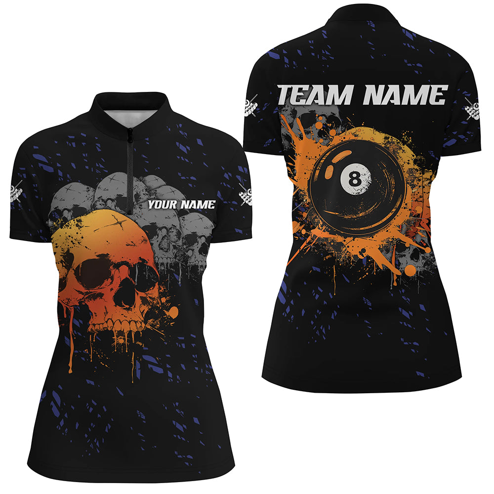 Custom Grunge Orange Skull 8 Ball Pool Women Billiard Polo & Quarter-Zip Shirts, Pool Player Shirts TDM1733