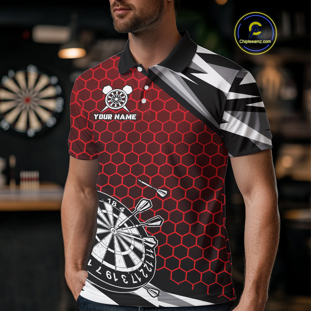 Personalized Dartboard Red Hexagon Dart Shirts For Men Custom Team Polo & 1/4 Zip Darts Jerseys TDM4116