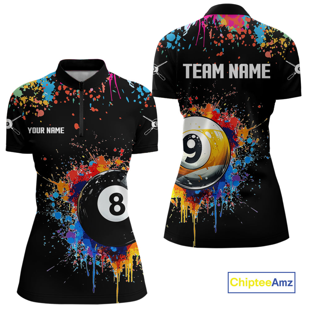 Funny 8&9 Ball Pool Colorful Paint Splash Billiard Shirt For Women Custom Billiard Team Jerseys TDM4295