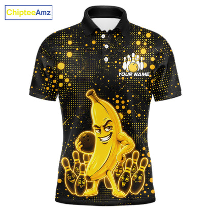 Black and yellow funny banana bowling team jersey polo shirt for men featuring a glowing funny banana bowling design, premium custom bowling league apparel.