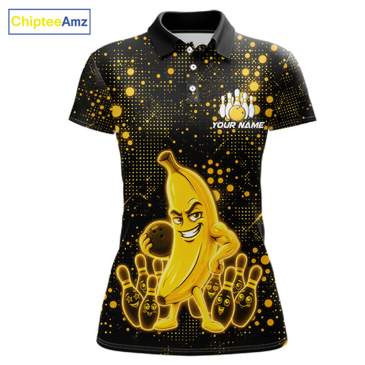 Black and yellow funny banana bowling team jersey polo shirt for women featuring a glowing funny banana bowling design, premium custom bowling league apparel.