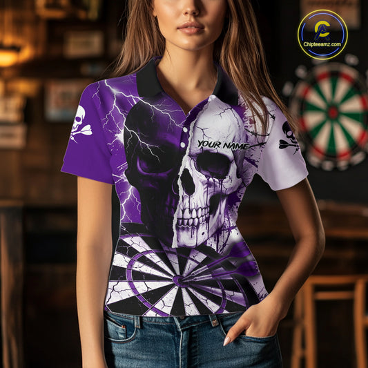 White & Purple Skull Dartboard Custom Women Dart Polo Shirt Retro Grunge Dart League Jerseys NYN2084