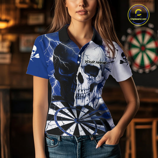 White & Blue Skull Dartboard Custom Women Dart Polo Shirt Retro Grunge Dart League Jerseys NYN2085