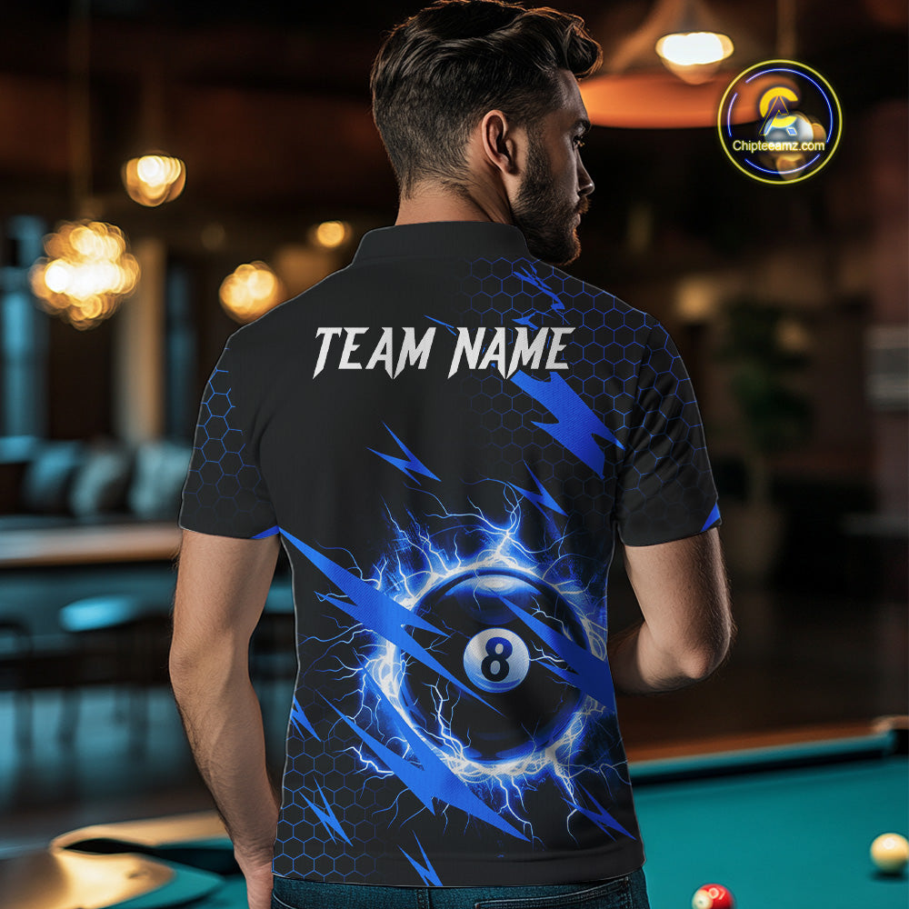 Blue 8 Ball Pool Thunder Lightning Storm Men's Billiard Shirt Custom Billiard Jersey Polo & 1/4 Zip TDM3832