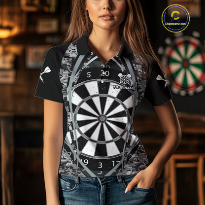 Personalized Grunge Grey Pixel Camo Dart Shirts For Women, Dart Jerseys Team Polo & Quarter Zip TDM3954