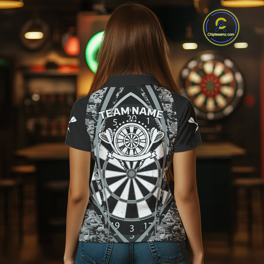 Personalized Grunge Grey Pixel Camo Dart Shirts For Women, Dart Jerseys Team Polo & Quarter Zip TDM3954
