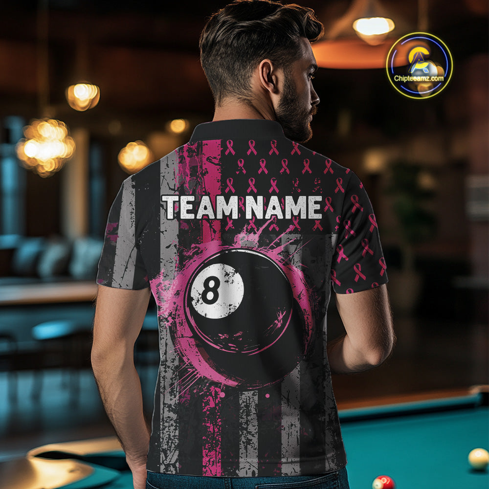 Custom Pink Ribbon Grunge US Flag Billiard Shirt For Men, Breast Cancer 8 Ball Pool Team Jersey TDM4500