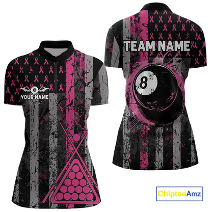 Custom Pink Ribbon Grunge US Flag Billiard Shirt For Women, Breast Cancer 8 Ball Pool Team Jersey TDM4500