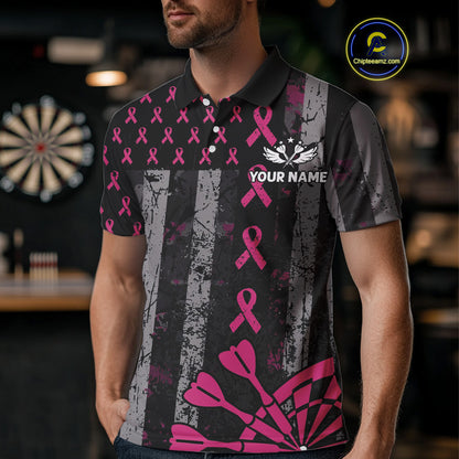 Personalized Grunge US Flag Pink Ribbon Patriotic Darts Shirt For Men, Breast Cancer Darts Jersey TDM4501