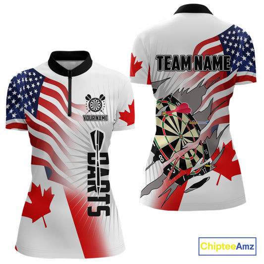 Personalized Women's Dart Shirts – Funny Canada & US Flag Mix Custom Patriotic Darts Team Jerseys TDM4139
