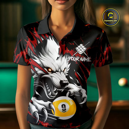 Personalized 9 Ball Pool Wolf Billiard Shirts For Women, Billiard League Jersey Polo & 1/4 Zip |Red TDM4505