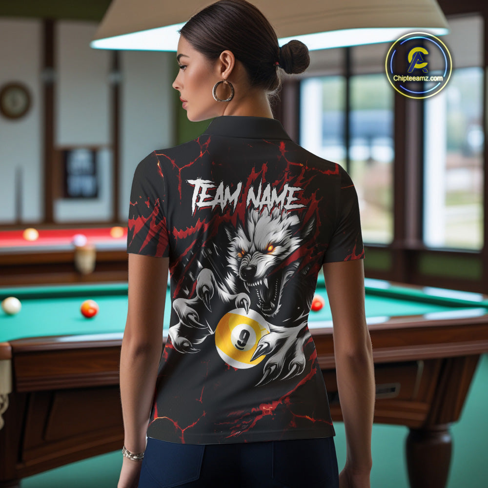 Personalized 9 Ball Pool Wolf Billiard Shirts For Women, Billiard League Jersey Polo & 1/4 Zip |Red TDM4505