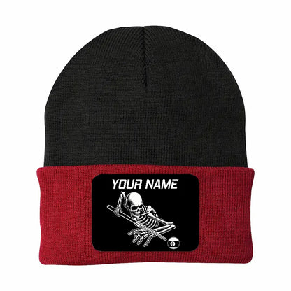 Personalized Skull 9 Ball Billiard Knit Beanie Hat With Rectangle Patch Custom Billiard Knit Cap TDM4941