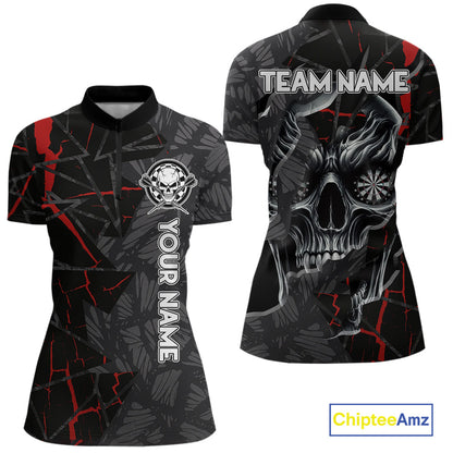 Personalized Skull Black Grunge Darts Polo & Quarter Zip For Women Custom Darts Team Jersey |Red TDM5378