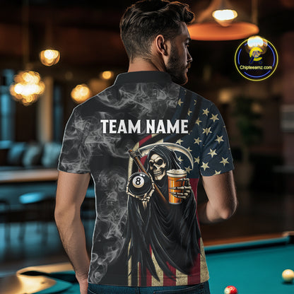 US Flag Grim Reaper Smoke Billiard Shirt For Men Custom 8 Ball Pool Team Jersey Polo & 1/4 Zip TDM6258