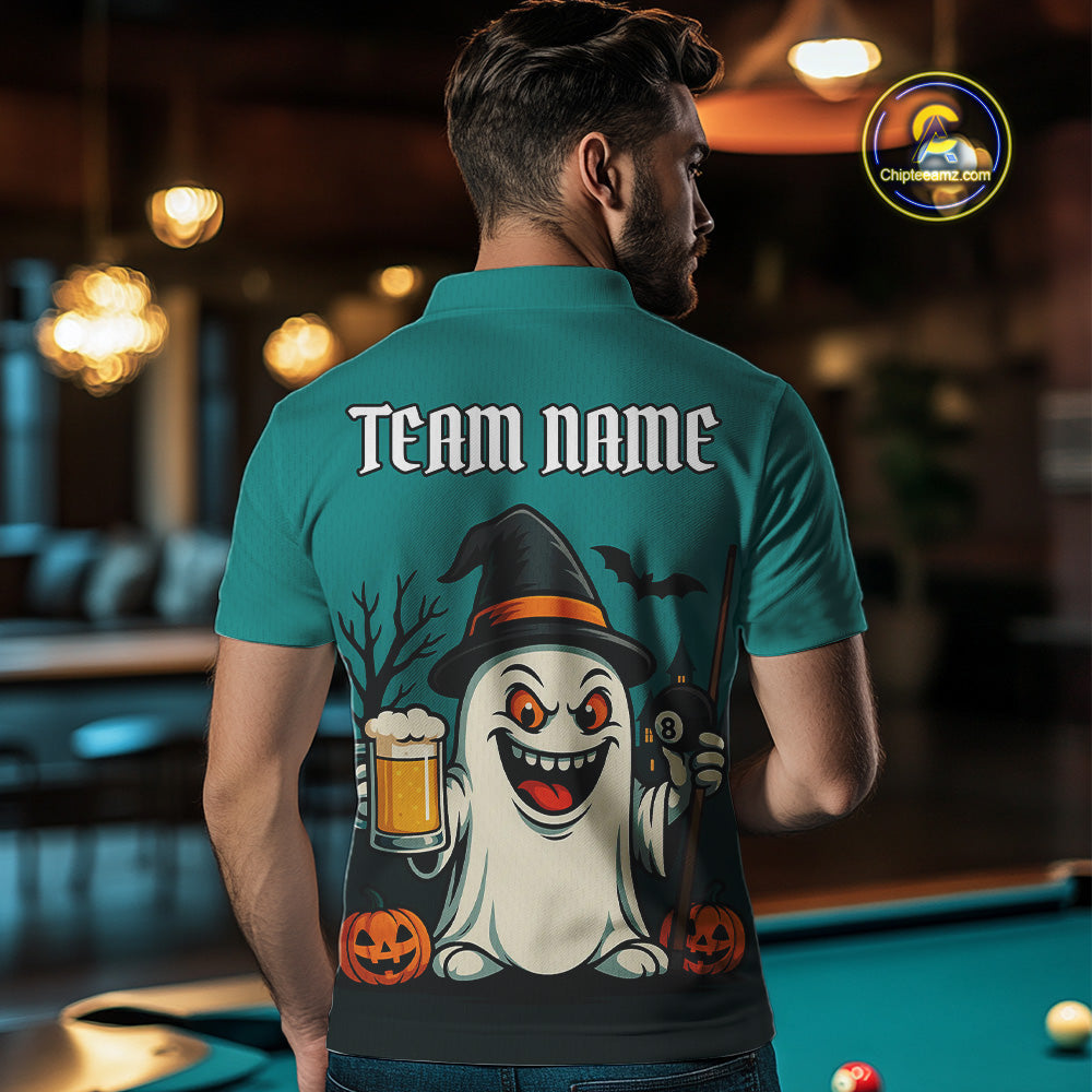 Custom Billiard Shirt Halloween Ghostly Beer Polo & 1/4 Zip For Men, Funny 8 Ball Pool Team Jersey TDM4943