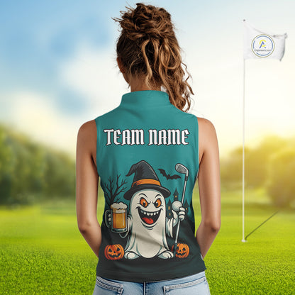 Funny Ghostly Beer Golf Sleeveless Polo Shirt For Women Custom Halloween Ladies Golf Outfit TDM4944