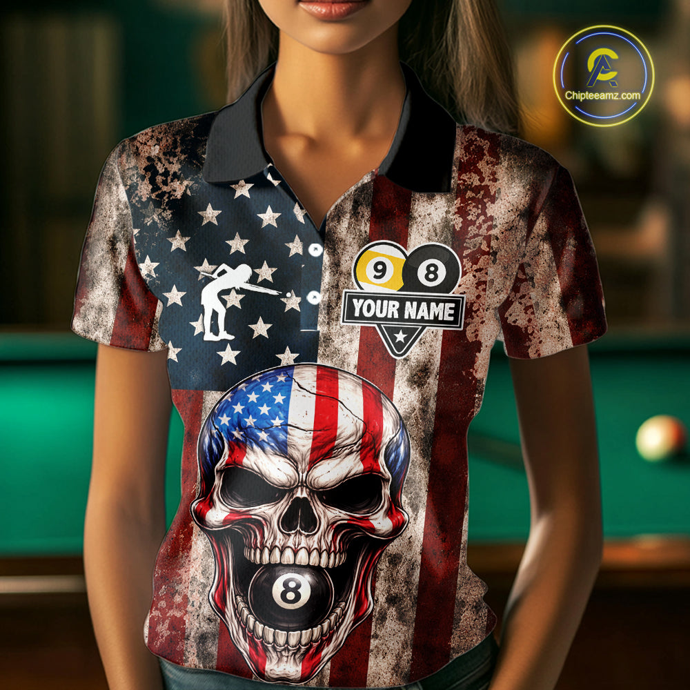 Vintage American Flag Skull 8 Ball 9 Ball Billiard Shirt For Women Custom Patriotic Pool Team Jersey TDM5656